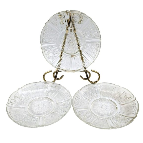 Small Plates Saucers Clear Glass Cut Daisey and Cane  Malaysian Marked Set of 3 - Picture 1 of 13